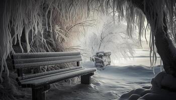 Tranquil winter landscape snow covered tree, bench, and frosty branch generated by AI photo