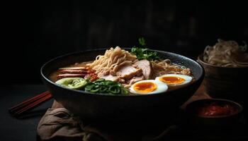 recién cocido gastrónomo fideos sopa con Cerdo y vegetales generado por ai foto