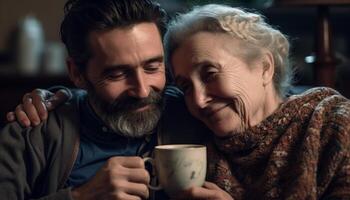 sonriente caucásico Pareja disfrutando café, amar, y unión a hogar generado por ai foto