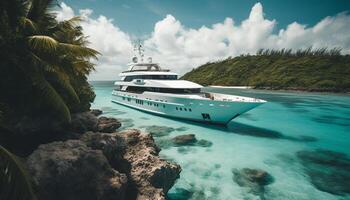 Luxury yacht sails through idyllic Caribbean seascape, transporting tourists generated by AI photo