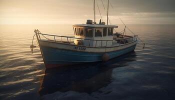 navegación Embarcacion amarrado a comercial muelle, reflejando tranquilo puesta de sol belleza generado por ai foto