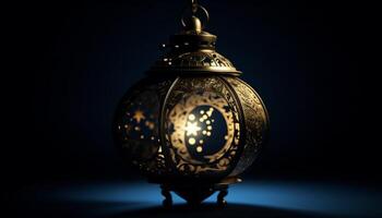 antiguo linterna, iluminado con eléctrico lámpara, simboliza antiguo culturas generado por ai foto
