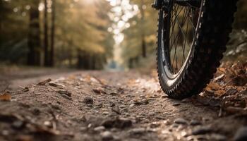 Mountain biker speeds through autumn forest on dirt path generated by AI photo