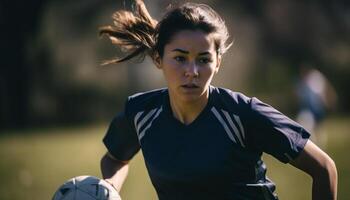 adulto hembra atleta practicando fútbol en un soleado día al aire libre generado por ai foto