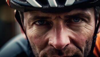 competitivo ciclista exuda confianza en Deportes casco para disparo a la cabeza generado por ai foto