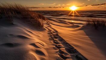 Tranquil sand dune ripples at dusk, beauty in nature pattern generated by AI photo