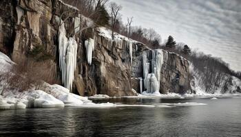 Smooth stone cliff, majestic mountain, flowing water, tranquil scene generated by AI photo