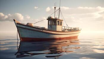 Nautical vessel on tranquil water, fishing industry mode of transport generated by AI photo