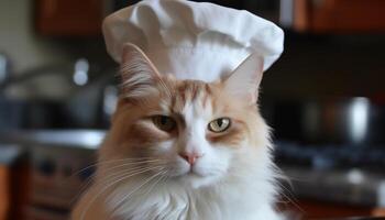 linda Doméstico gatito curioso a cámara en cocina cerca arriba generado por ai foto