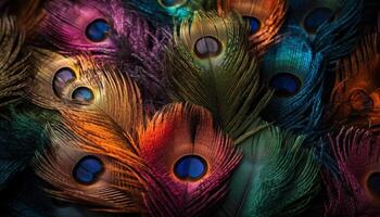 Vibrant peacock tail showcases elegant animal markings in multi colored pattern generated by AI photo