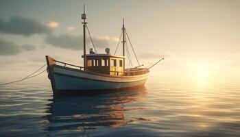 Tranquil sunset on a nautical vessel, fishing in nature beauty generated by AI photo