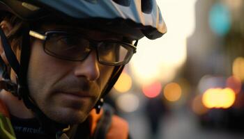 joven adulto caucásico masculino ciclista vistiendo Deportes casco al aire libre generado por ai foto