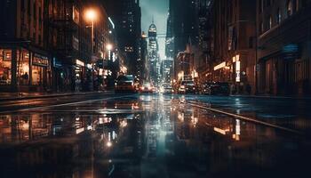 Glowing city lights reflect on wet streets in crowded metropolis generated by AI photo