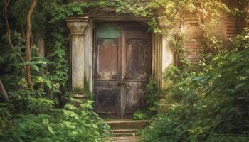 abandonado rústico Entrada a antiguo edificio, descuidado con naturaleza generado por ai foto