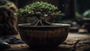 pequeño en conserva planta en verde cerámica, rodeado por naturaleza crecimiento generado por ai foto