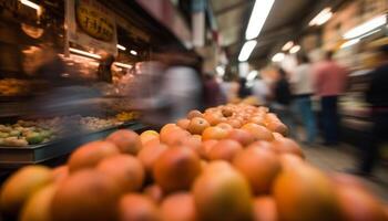 Crowded supermarket sells fresh organic fruit and vegetables for healthy eating generated by AI photo