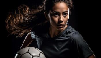 joven mujer atleta jugando fútbol con confianza y determinación generado por ai foto