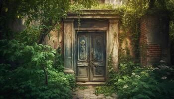 Ancient doorway leads to mysterious old fashioned ruins in nature generated by AI photo