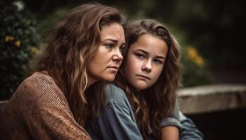 Two young women looking sad in nature, seeking togetherness generated by AI photo