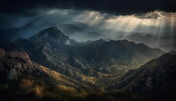 Majestic mountain range, tranquil meadow, and horizon at dawn generated by AI photo