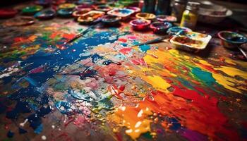 Vibrant colors mix on messy table, creating abstract watercolor painting generated by AI photo