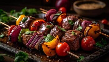 Grilled meat skewer with fresh vegetables, a gourmet appetizer meal generated by AI photo