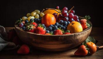 Organic berry bowl on rustic wood table, perfect summer snack generated by AI photo