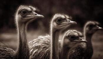 Black and white flightless bird staring, beak and feather close up generated by AI photo