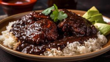 Grilled meat dish with savory sauce, fresh vegetables, and rice generated by AI photo