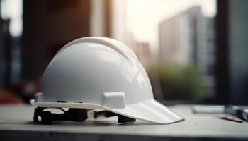 Protective hardhat worn by construction worker on modern construction site generated by AI photo