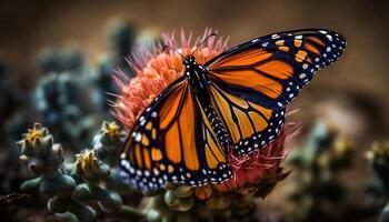 Vibrant monarch butterfly wing showcases natural beauty in multi colored pattern generated by AI photo