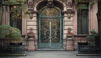 Ornate entrance to famous old Christian building surrounded by nature generated by AI photo