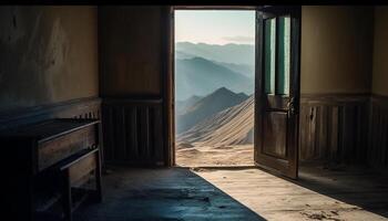 mirando mediante ventana, tranquilo escena de montaña paisaje al aire libre generado por ai foto