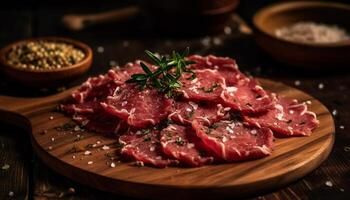 Freshly chopped sirloin steak on rustic wood cutting board generated by AI photo