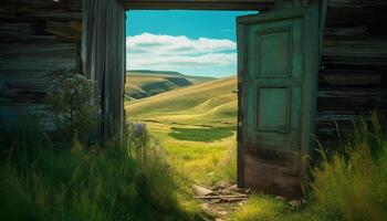 Abandoned farmhouse in tranquil meadow, surrounded by nature beauty generated by AI photo