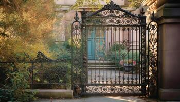 Elegant wrought iron balcony with ornate metal lantern and flowers generated by AI photo