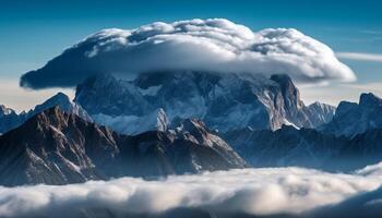 majestuoso montaña pico sube alto encima tranquilo paisaje, cielo espera generado por ai foto