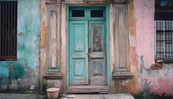 Abandoned rustic building feature with weathered wood and broken window generated by AI photo