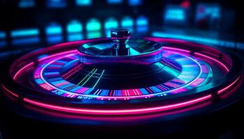 Glowing turntable spins in nightclub, heating up the dance floor generated by AI photo