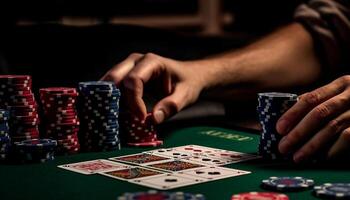 Men holding gambling chips at casino table, risking for success generated by AI photo