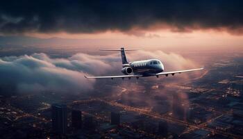 Flying commercial airplane high above cityscape at dusk sunset generated by AI photo