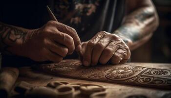 One skilled carpenter making homemade craft product with expertise generated by AI photo