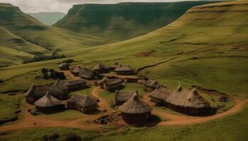 Idyllic hut on green meadow, surrounded by mountain range beauty generated by AI photo