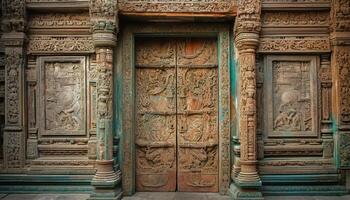 Ancient doorway of weathered sandstone leads to ornate Hindu sculpture generated by AI photo