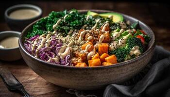 Fresh gourmet vegetarian bowl with healthy organic quinoa and kale generated by AI photo