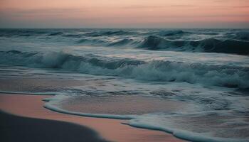 puesta de sol terminado tranquilo marina, olas rotura en arenoso línea costera generado por ai foto