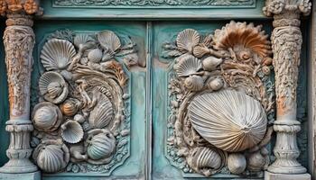 Ancient seashell decor, ornate pattern on old building feature generated by AI photo