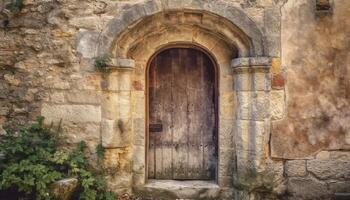 Ancient doorway, weathered arch, rustic lock, abandoned building feature generated by AI photo