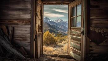 rústico Iniciar sesión cabina en tranquilo montaña paisaje, abandonado y resistido generado por ai foto