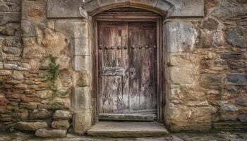 Ancient rustic door with weathered stone and rusty lock generated by AI photo